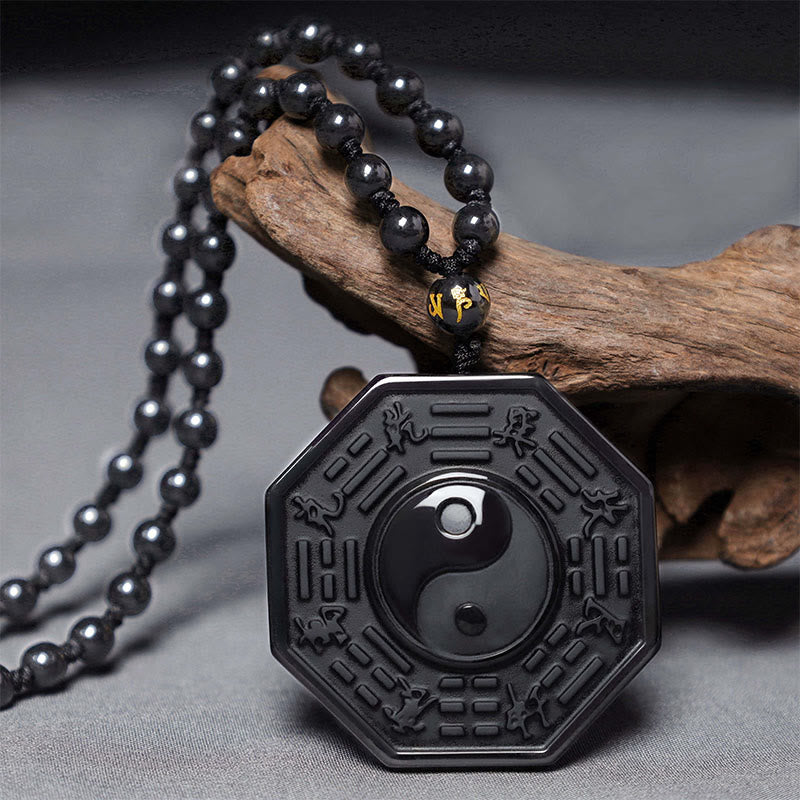 Buddha Stones Black Obsidian Stone Yin Yang Pendant Necklace(duty free)