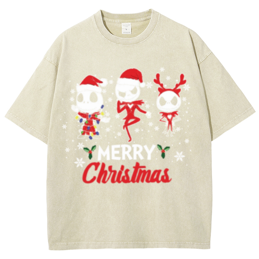 Muchic Merry Christmas Unisex Oversized Print Vintage Wash Denim T-Shirt