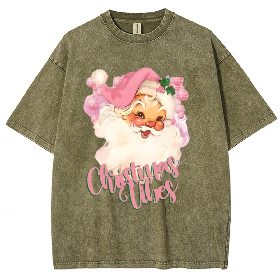 Muchic Christmas Vibes Unisex Printed Retro Washed Short Sleeved T-Shirt