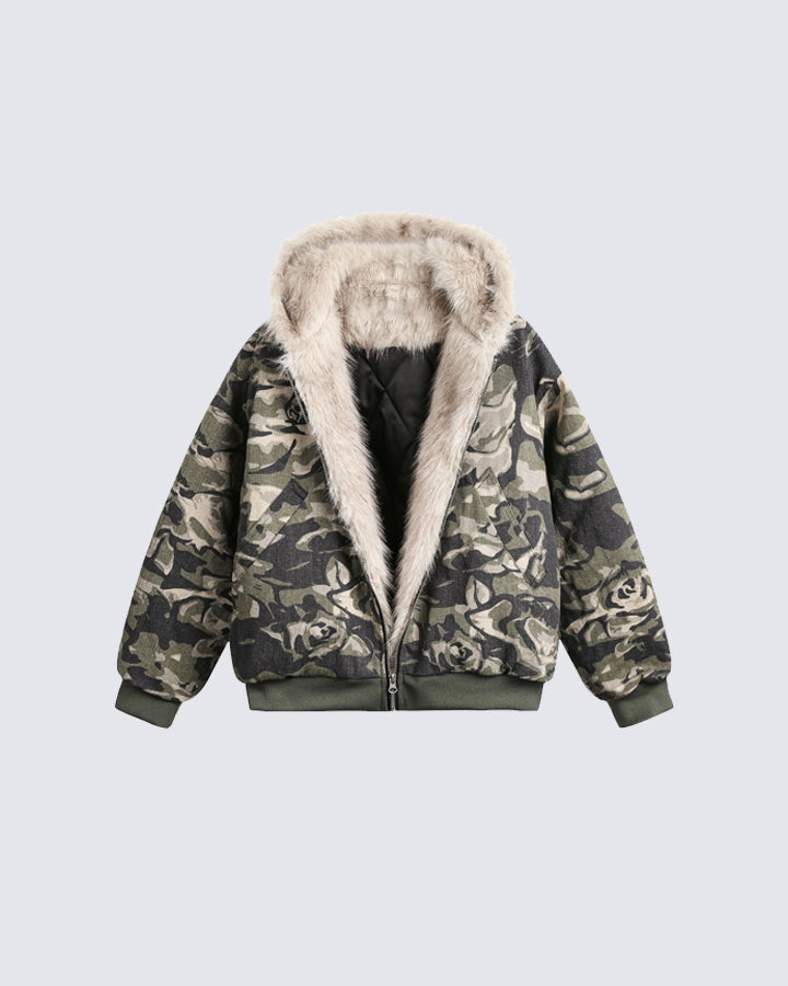 Muchic Unisex Camouflage Fur Collar Padded Jacket