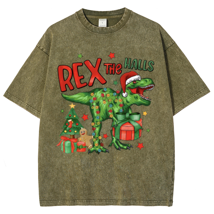 Muchic Rex The Halls Unisex Oversized Print Vintage Wash Denim T-Shirt