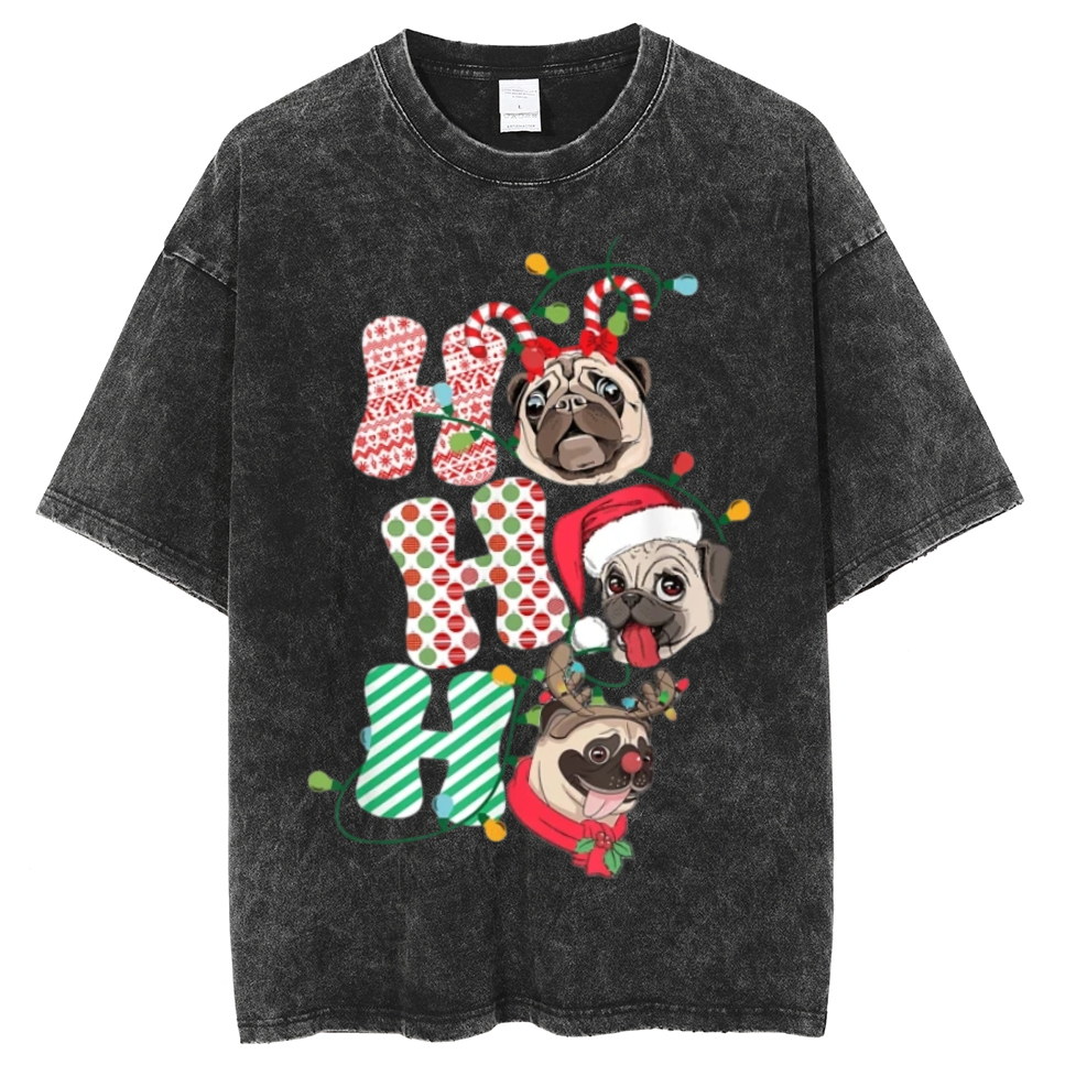 Muchic Pug Christmas Unisex Oversized Print Vintage Wash Denim T-Shirt