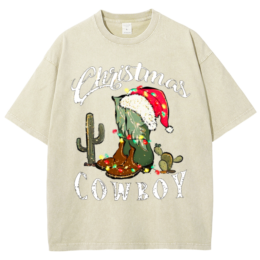 Muchic Christmas Cowboy Unisex Oversized Print Vintage Wash Denim T-Shirt