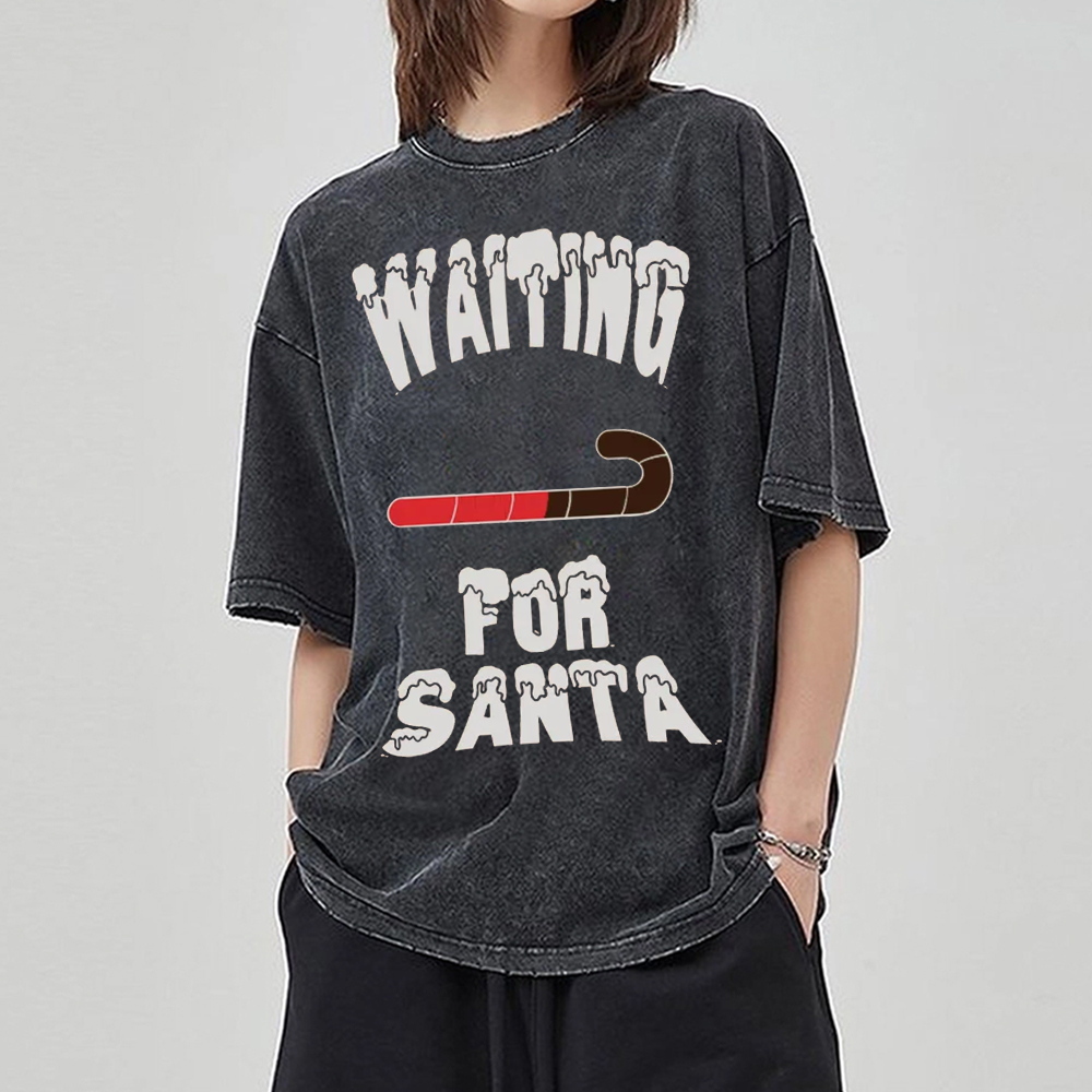 Muchic Unisex Waiting For Santa Printed Retro Washed Short Sleeved T-Shirt