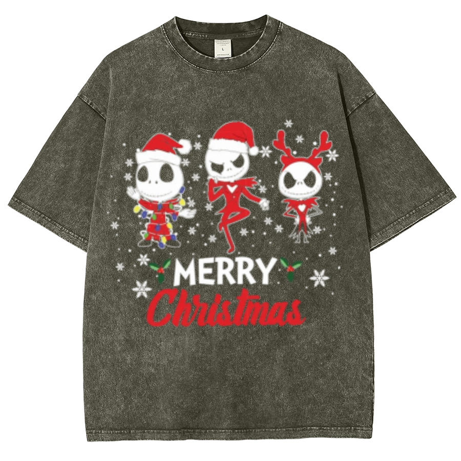 Muchic Merry Christmas Unisex Oversized Print Vintage Wash Denim T-Shirt