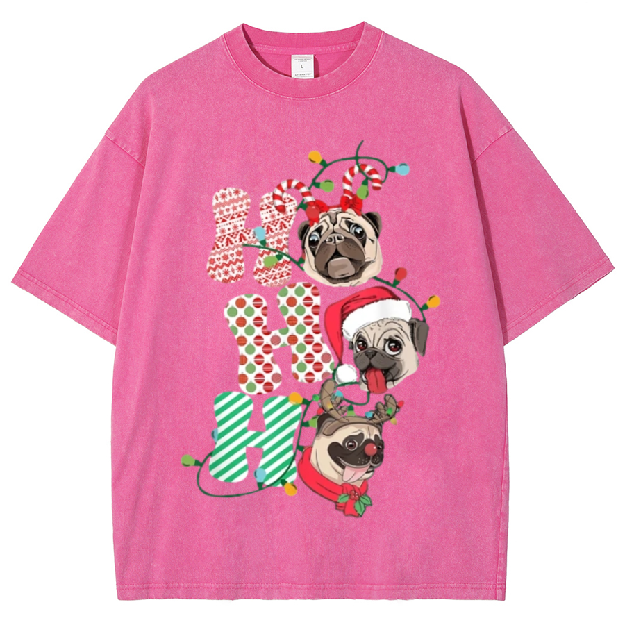 Muchic Pug Christmas Unisex Oversized Print Vintage Wash Denim T-Shirt