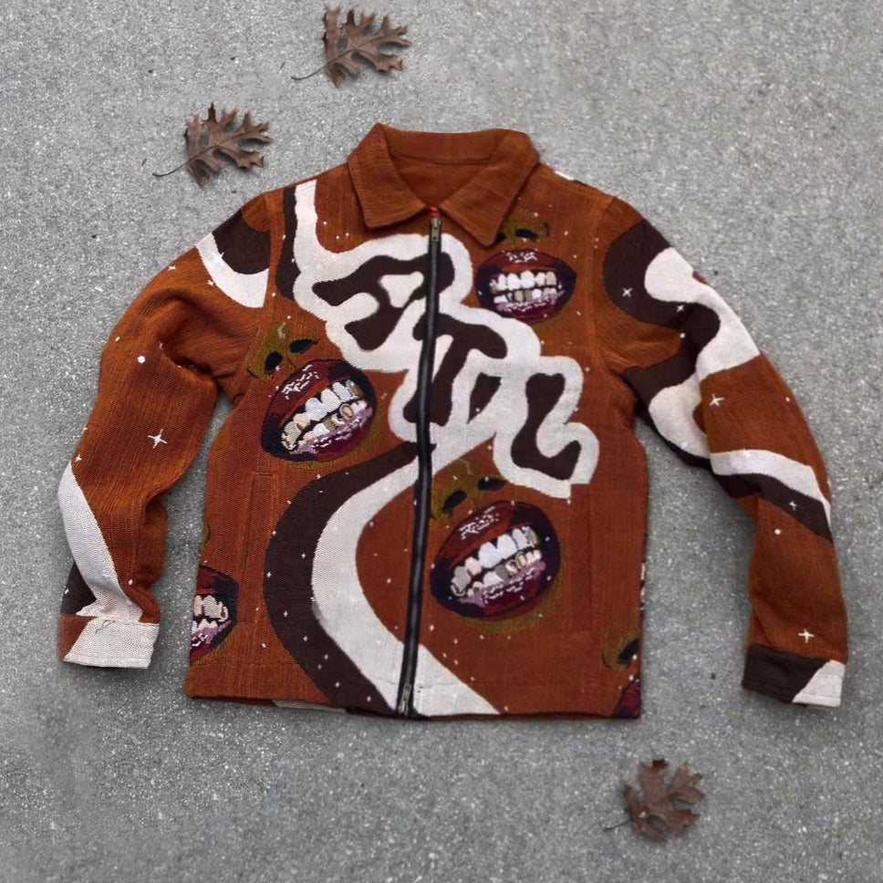 Lip print ATL lapel zip-up tapestry jacket