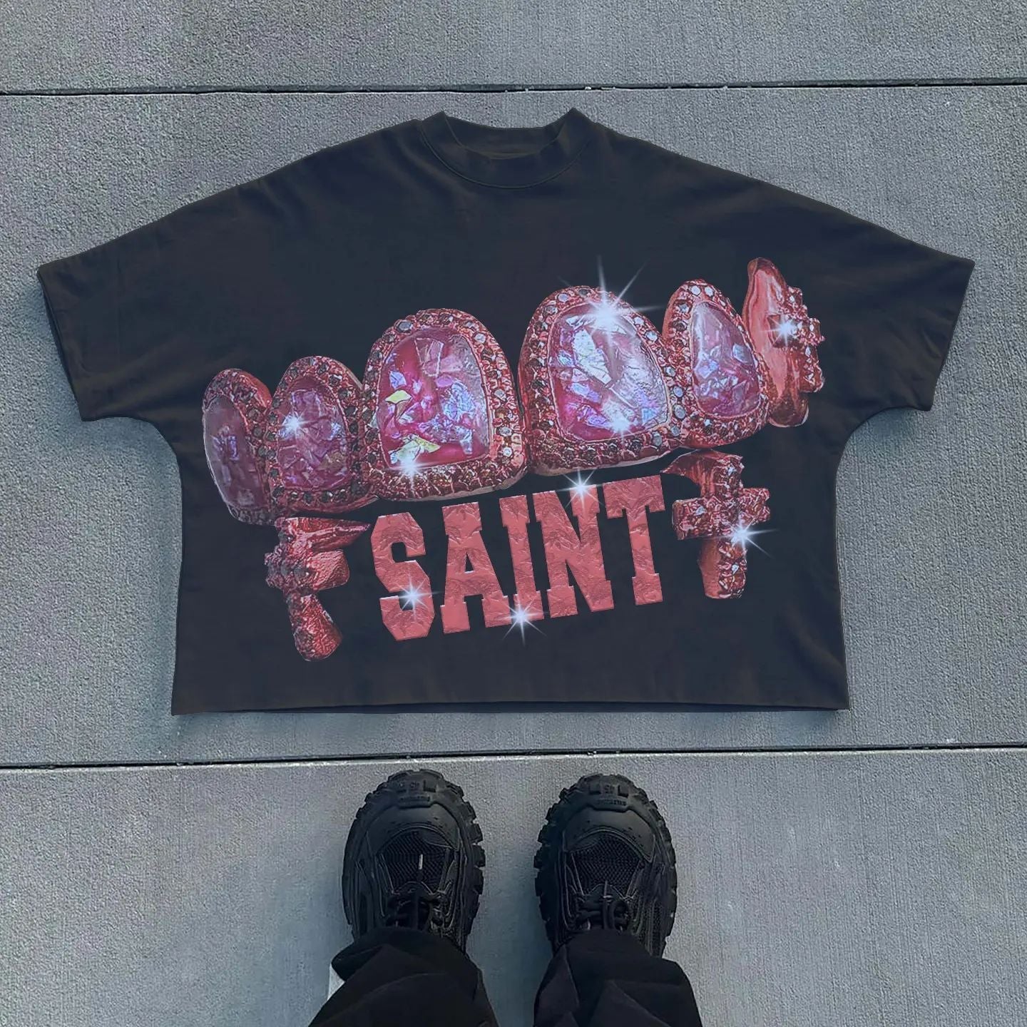 Muchic Saint Teeth Print Short Sleeve T-Shirt