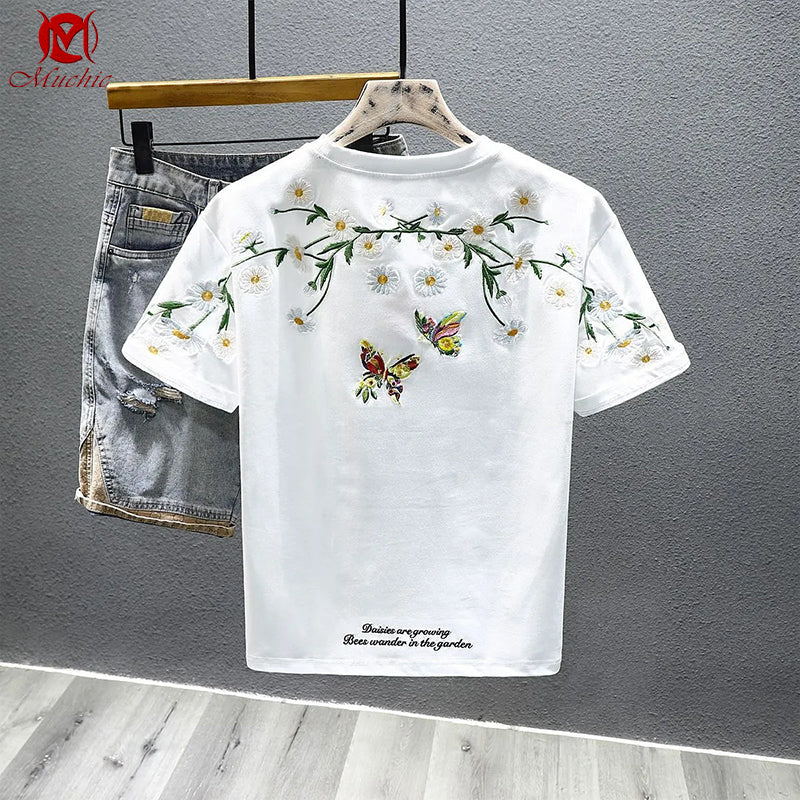 Unisex Intangible Cultural Heritage Butterflies and Flowers Embroidery T-shirt(Hand Embroidered) (Duty Free)