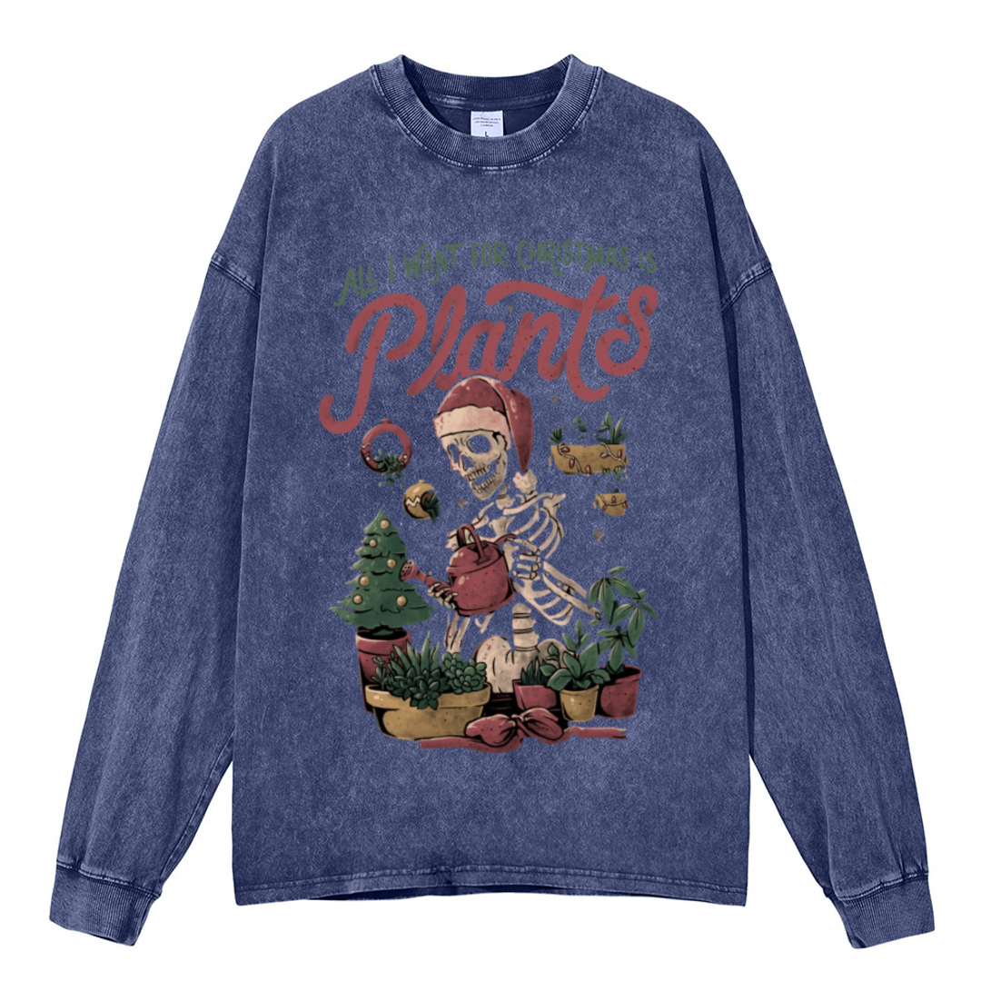 Muchic Christmas Plants Unisex Casual Washed Printed Round Neck Long Sleeve T-shirt