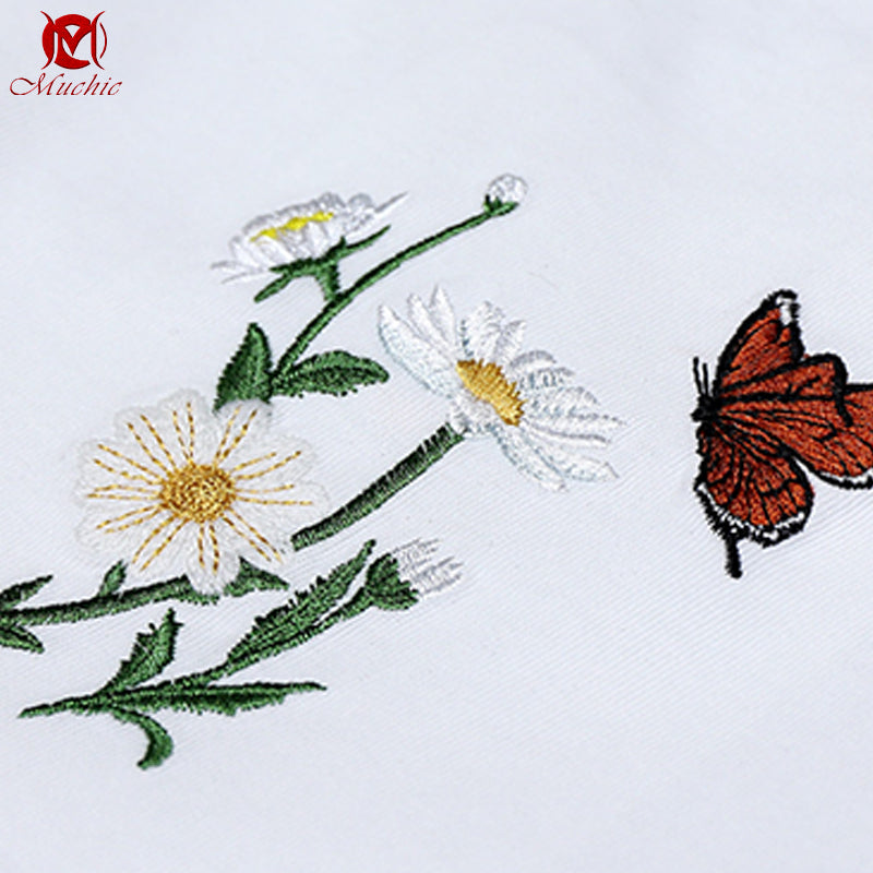 Unisex Intangible Cultural Heritage Butterflies and Flowers Embroidery T-shirt(Hand Embroidered) (Duty Free)