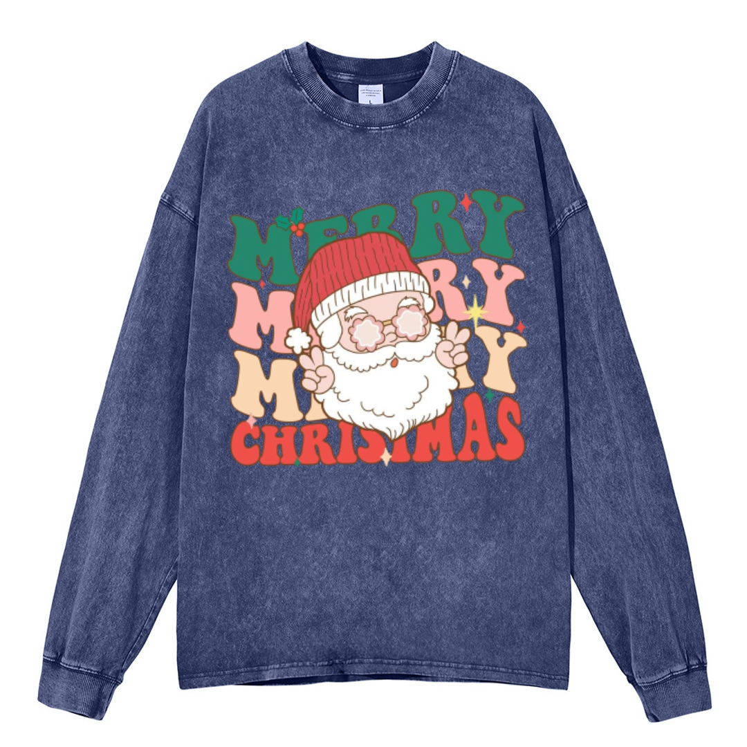 Muchic Merry Christmas Unisex Casual Washed Printed Round Neck Long Sleeve T-shirt