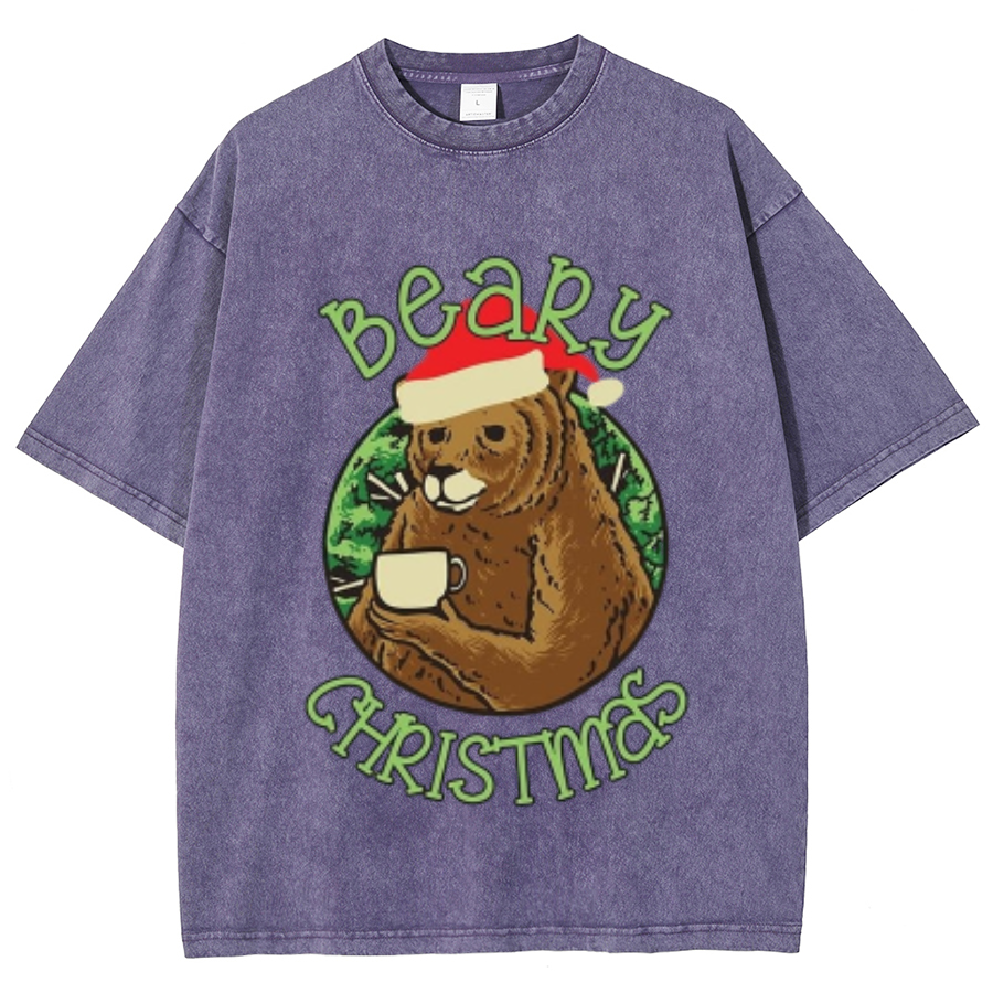 Muchic Beary Christmas Unisex Oversized Print Vintage Wash Denim T-Shirt