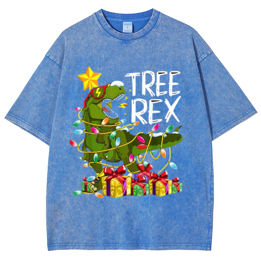 Muchic Tree Rex Unisex Oversized Print Vintage Wash Denim T-Shirt