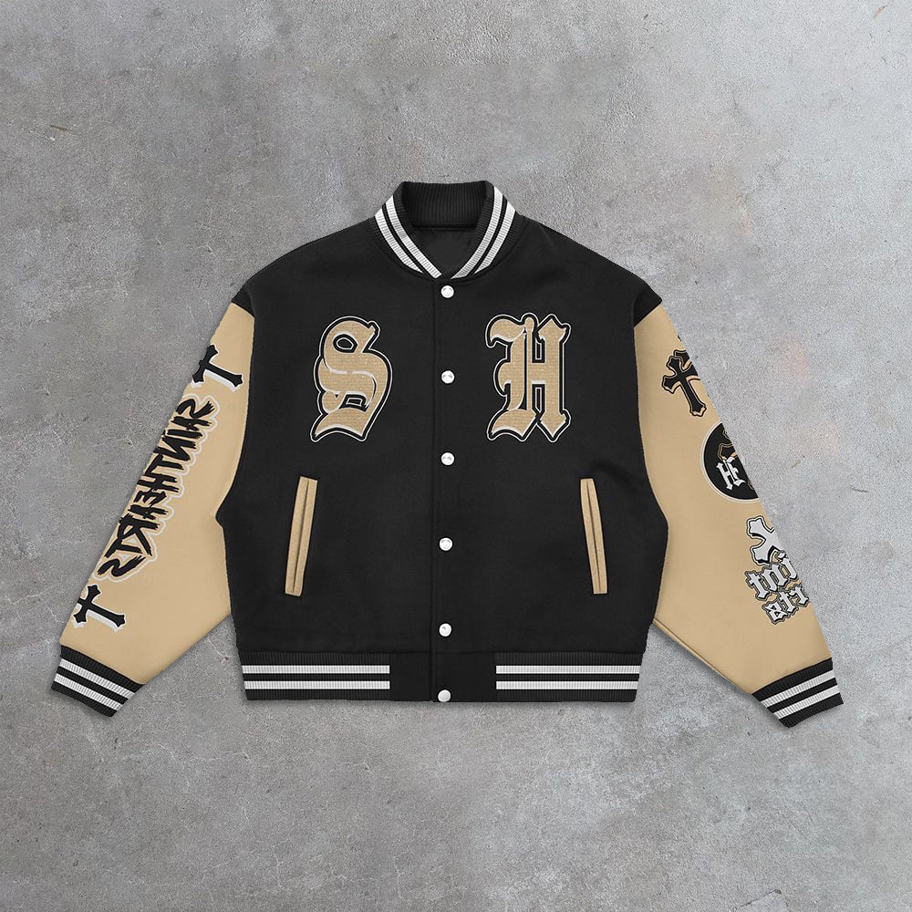 Muchic Cross Casual Street Retro Baseball Jacket Black / S Coats & Jackets