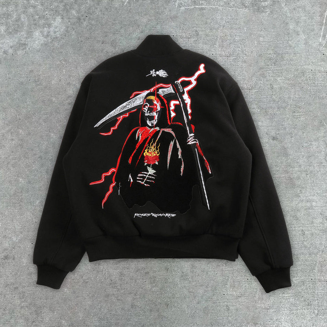 Muchic Grim Reaper Embroidered Casual Street Baseball Jacket Black / S Coats & Jackets