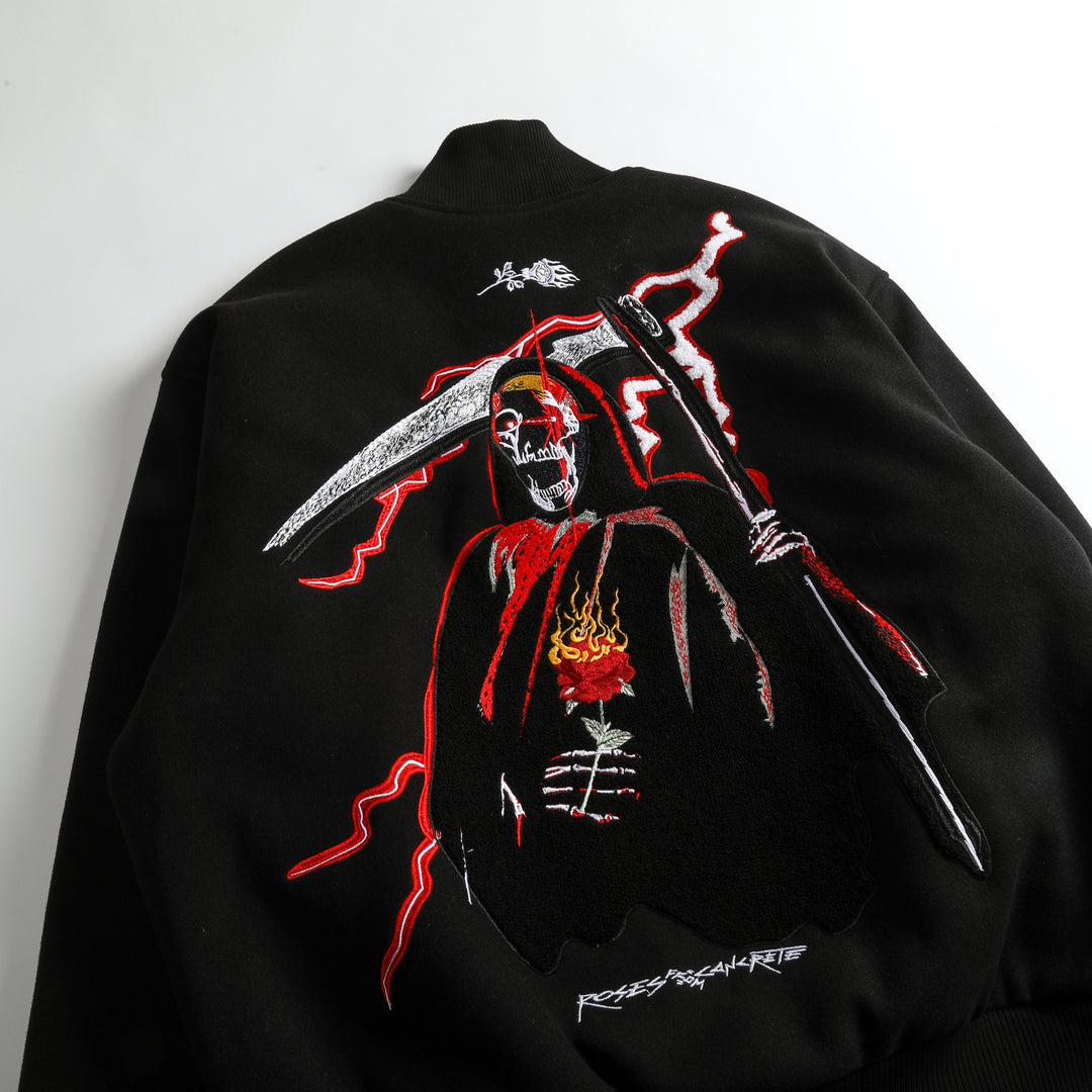 Muchic Grim Reaper Embroidered Casual Street Baseball Jacket Coats & Jackets