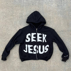 Muchic Seek Jesus Print Long Sleeve Applique Embroidered Zipper Hoodies