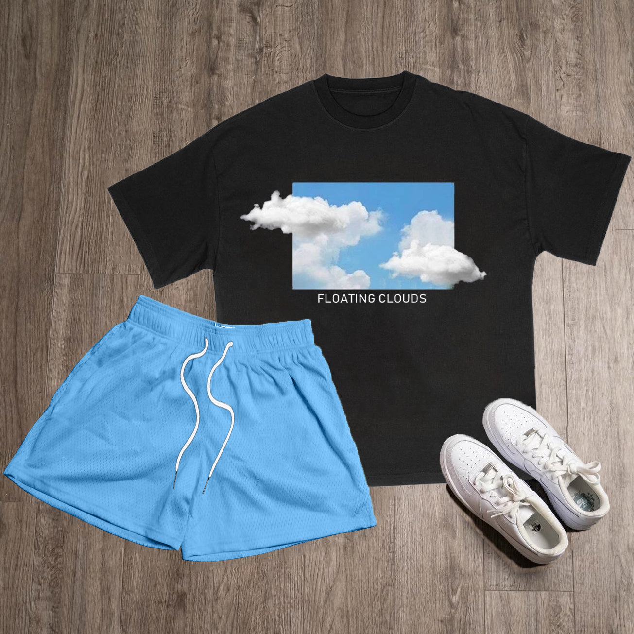 Muchic Floating Clouds Print T-Shirt Shorts Two-Piece Set