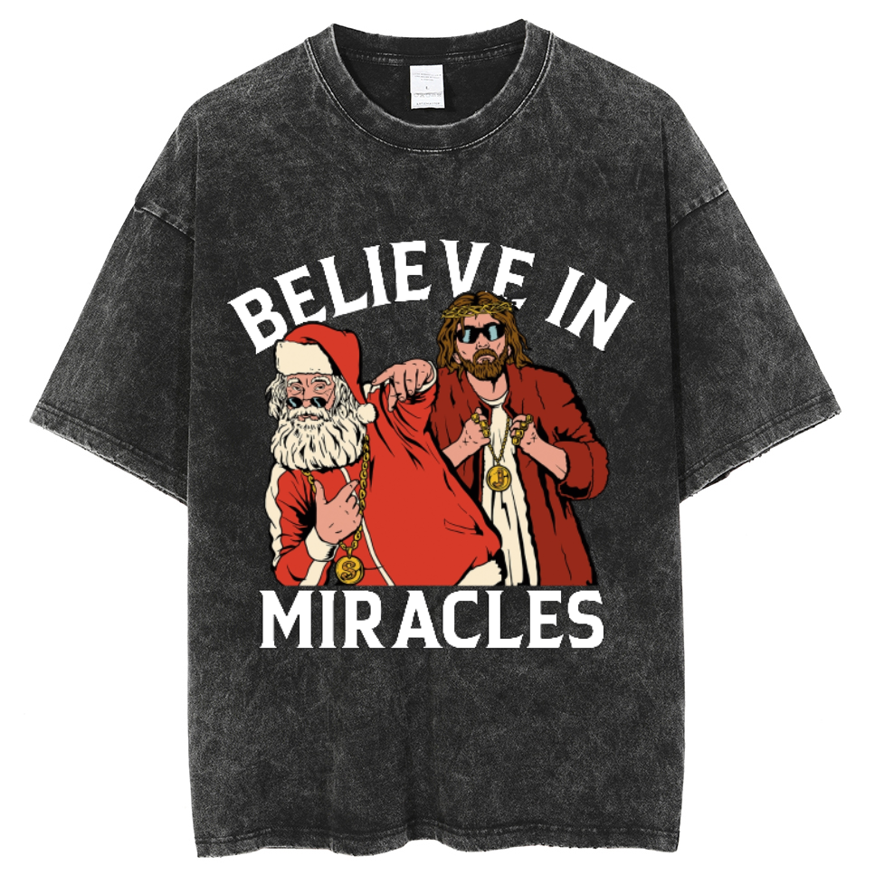 Muchic Believe In Miracles Unisex Oversized Print Vintage Wash Denim T-Shirt