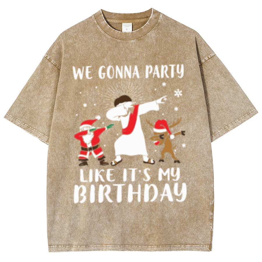 Muchic We Gonna Party Unisex Oversized Print Vintage Wash Denim T-Shirt