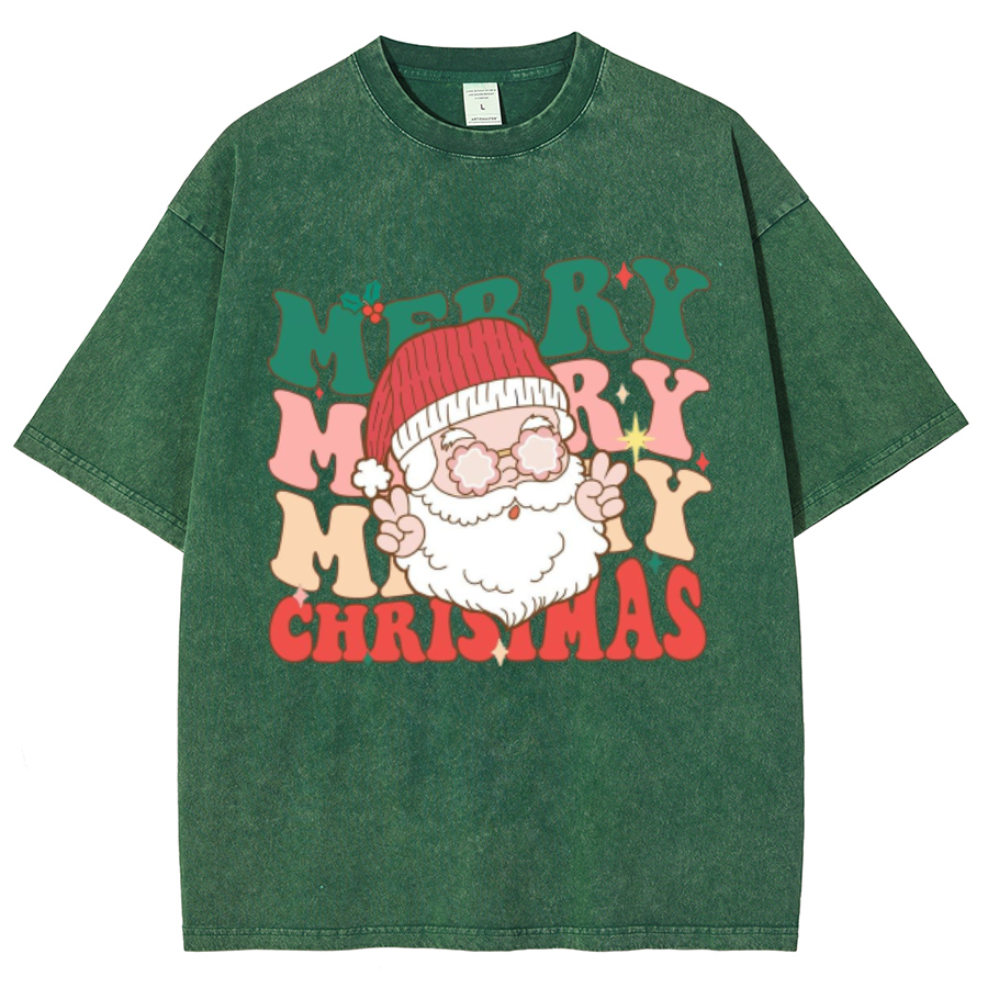 Muchic Merry Christmas Unisex Oversized Print Vintage Wash Denim T-Shirt