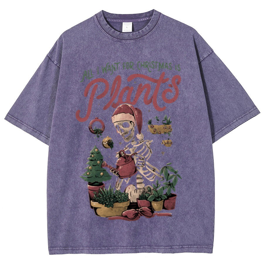 Muchic Christmas Plants Unisex Oversized Print Vintage Wash Denim T-Shirt