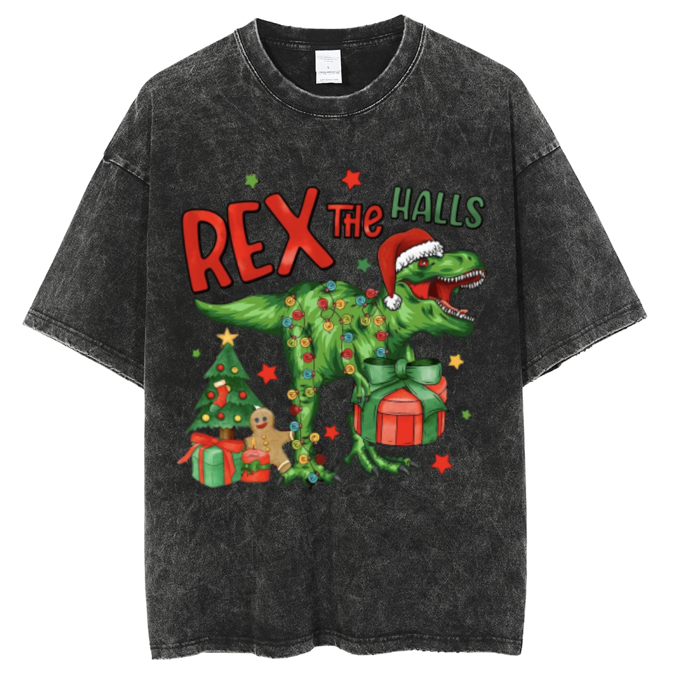 Muchic Rex The Halls Unisex Oversized Print Vintage Wash Denim T-Shirt