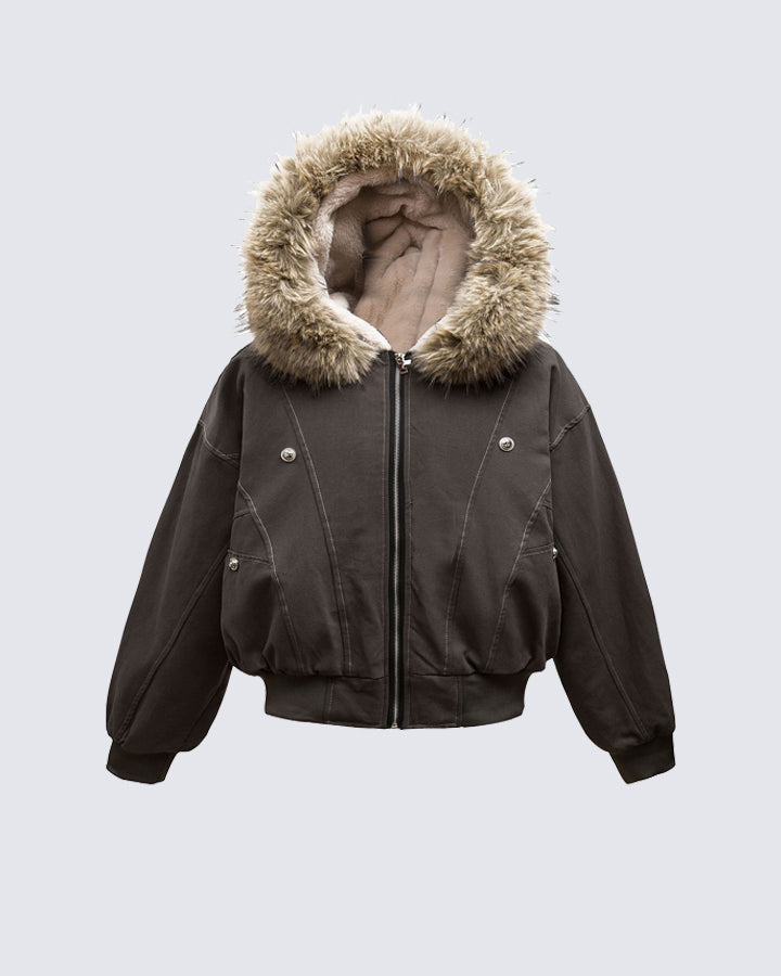 Muchic Unisex Vintage Hooded Fur Collar Jacket