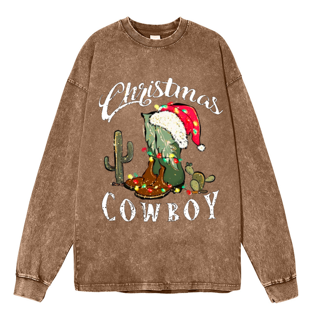 Muchic Christmas Cowboy Unisex Casual Washed Printed Round Neck Long Sleeve T-shirt