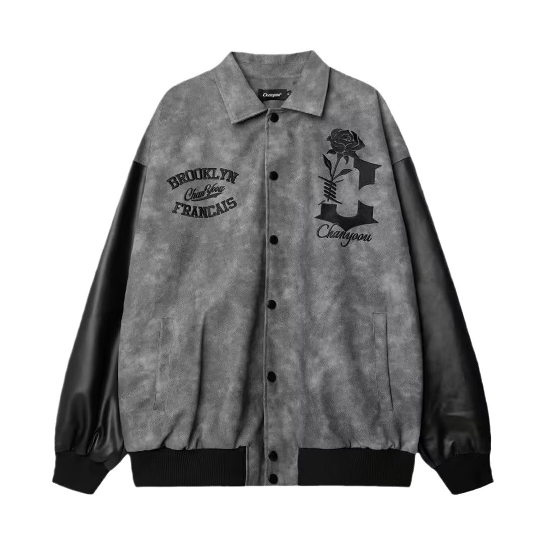 Muchic Leather Panel Embroidered Baseball Jacket Coats & Jackets