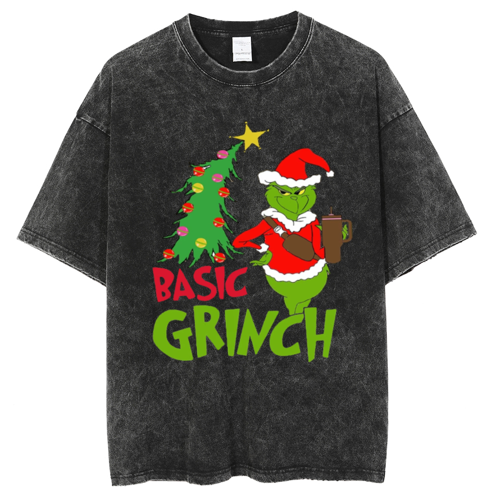 Muchic Basic Grinch Unisex Oversized Print Vintage Wash Denim T-Shirt