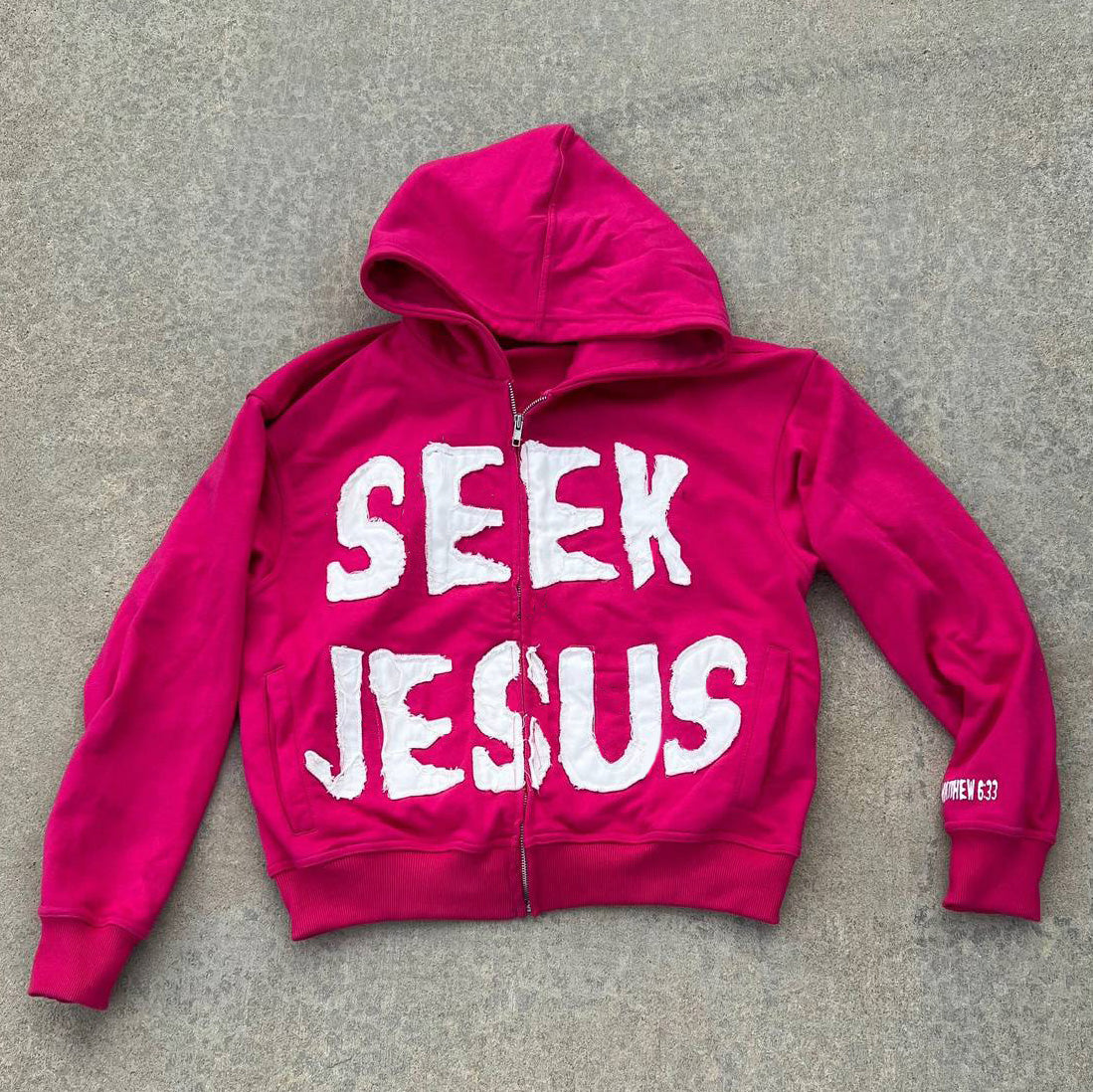 Muchic Seek Jesus Print Long Sleeve Applique Embroidered Zipper Hoodies