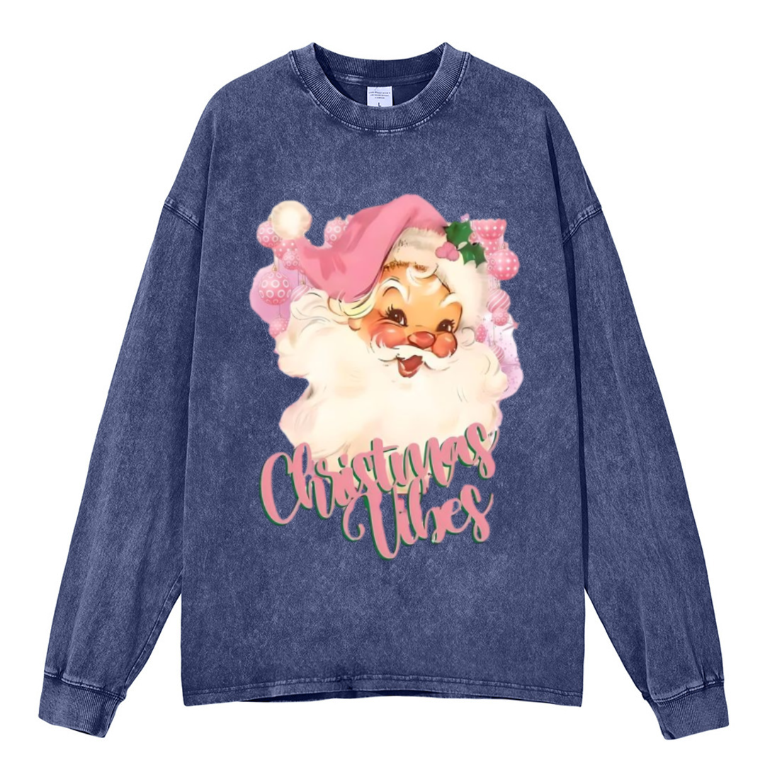 Muchic Christmas Vibes Unisex Casual Washed Printed Round Neck Long Sleeve T-shirt