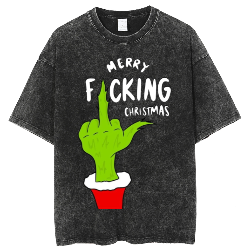 Muchic Merry Fucking Christmas Unisex Oversized Print Vintage Wash Denim T-Shirt