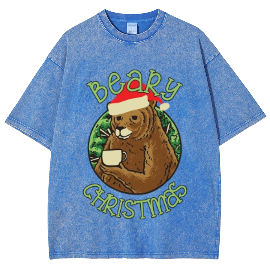 Muchic Beary Christmas Unisex Oversized Print Vintage Wash Denim T-Shirt