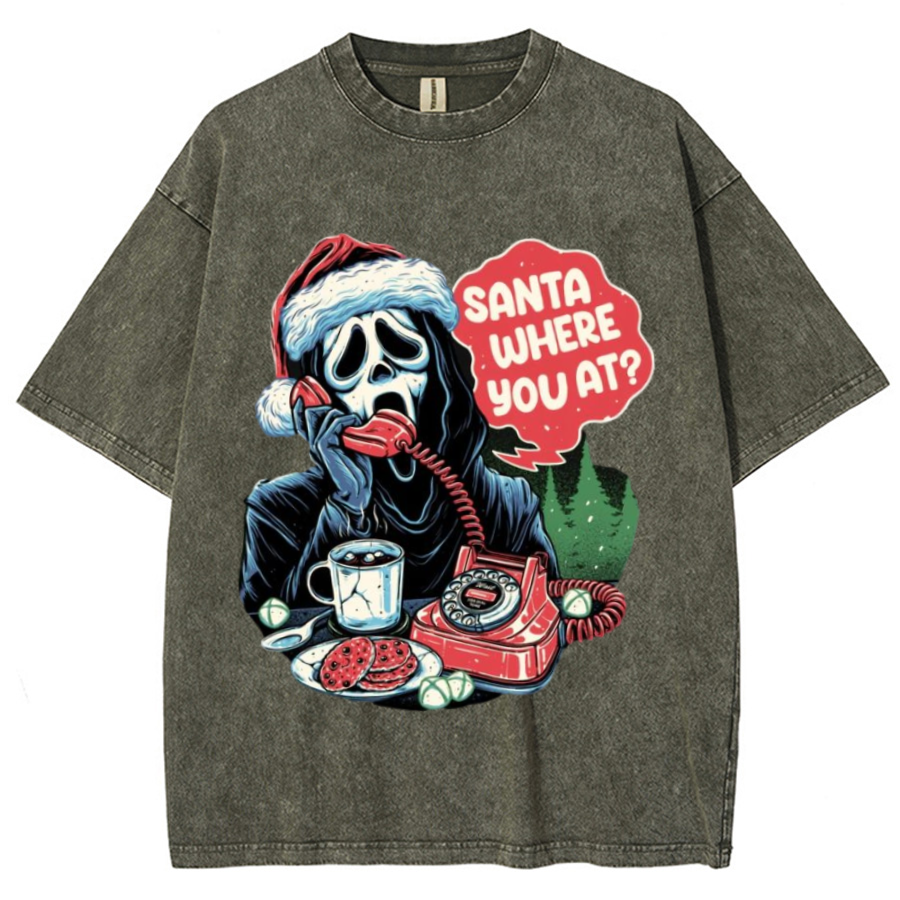 Muchic Santa Where You At Unisex Printed Retro Washed Short Sleeved T-Shirt