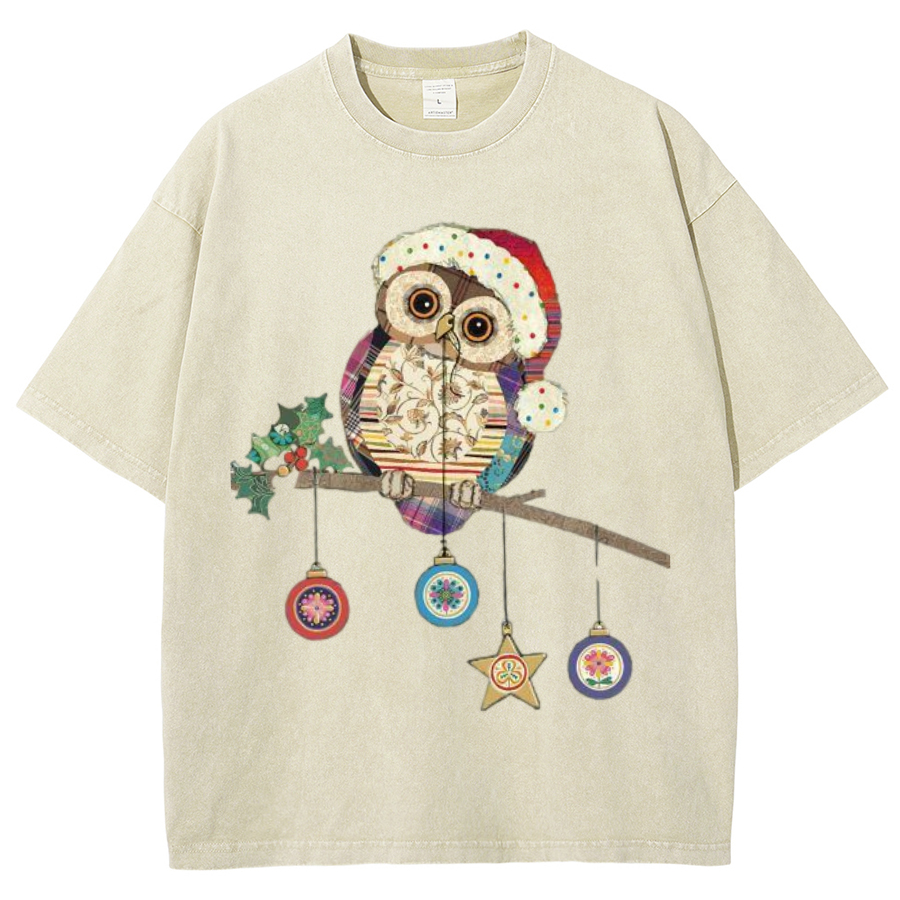 Muchic Owl Christmas Unisex Oversized Print Vintage Wash Denim T-Shirt