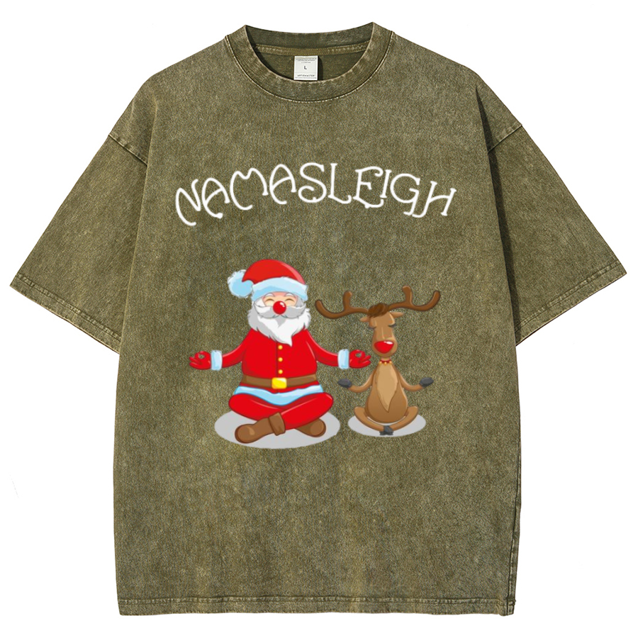 Muchic Nama Sleigh Unisex Oversized Print Vintage Wash Denim T-Shirt