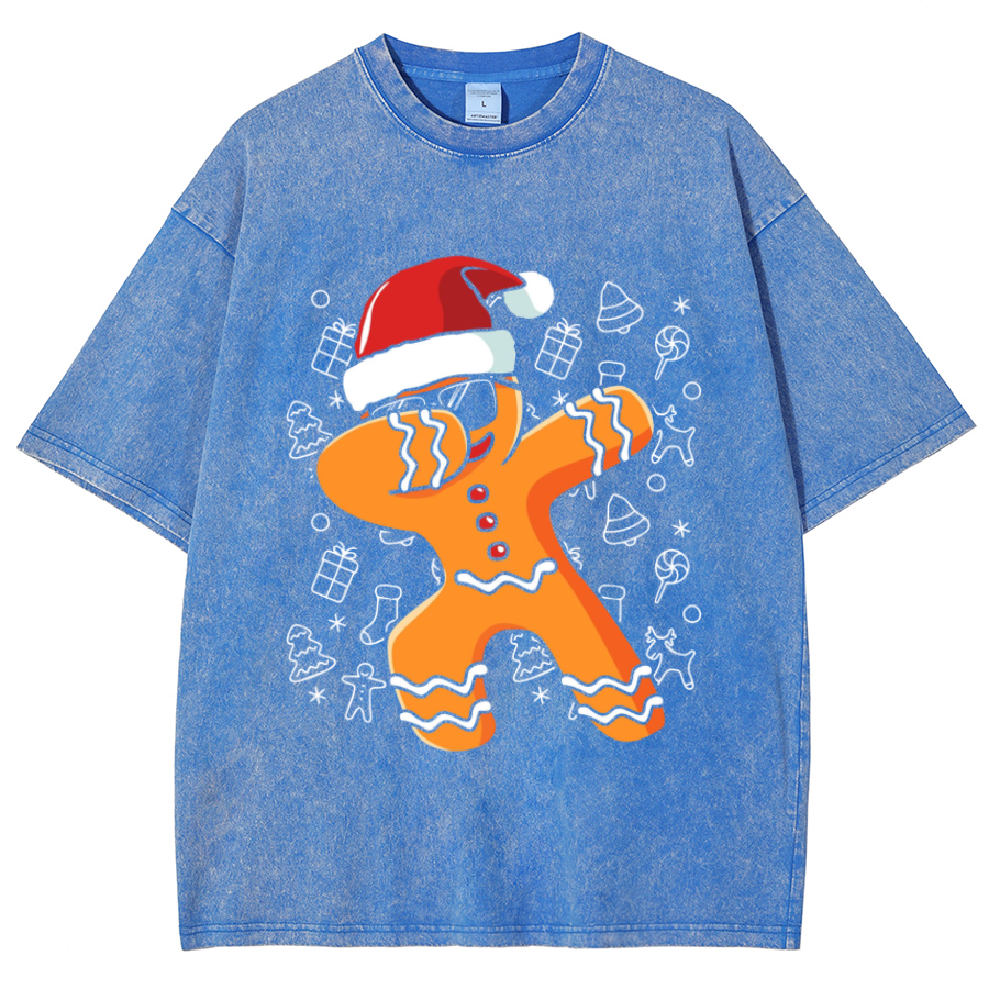 Muchic Gingerbread Man Unisex Oversized Print Vintage Wash Denim T-Shirt