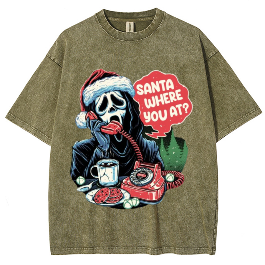 Muchic Santa Where You At Unisex Printed Retro Washed Short Sleeved T-Shirt