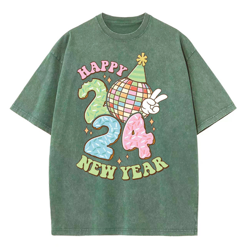 Muchic Unisex Happy New Year Printed Retro Washed Short Sleeved T-Shirt