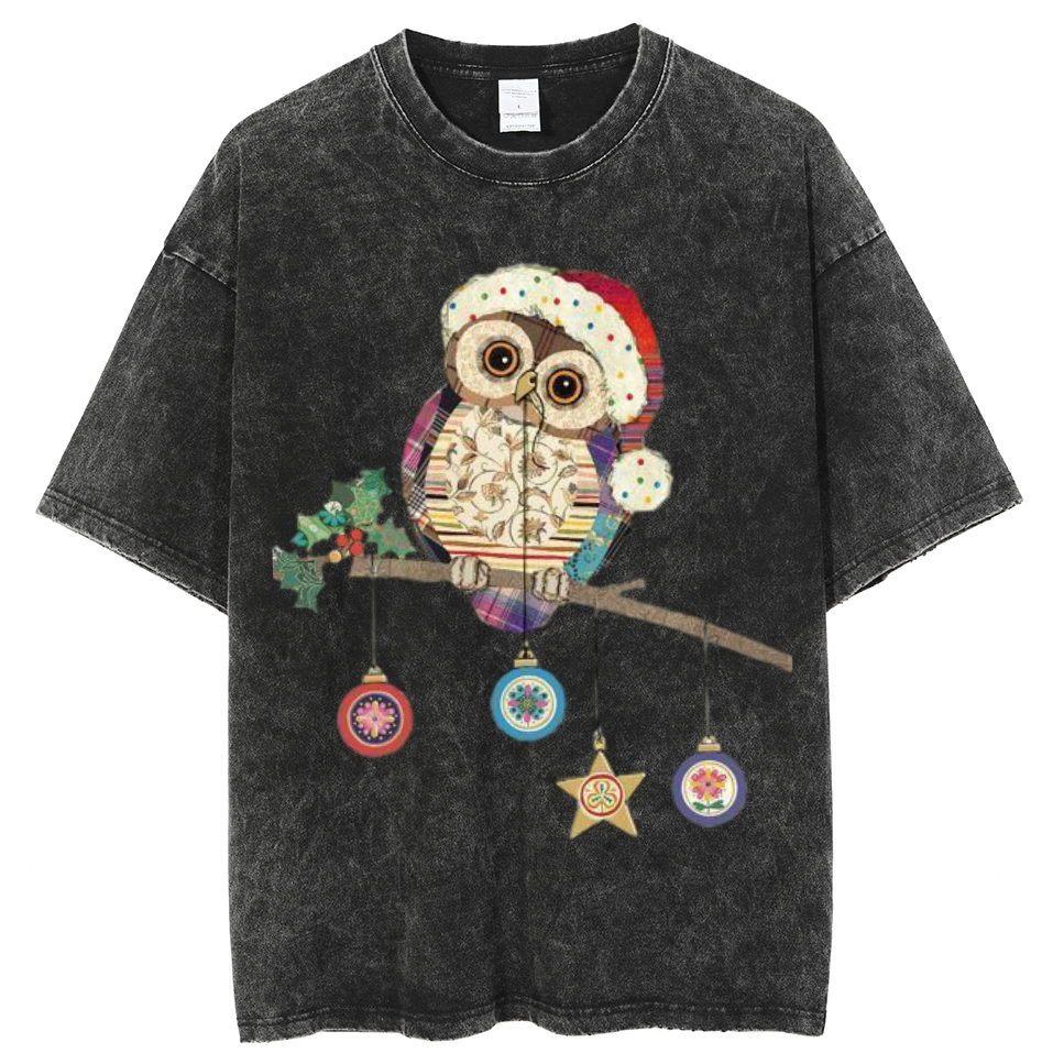 Muchic Owl Christmas Unisex Oversized Print Vintage Wash Denim T-Shirt