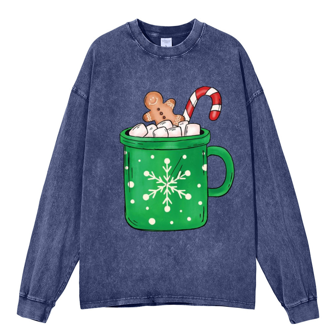 Muchic Gingerbread Coffee Unisex Casual Washed Printed Round Neck Long Sleeve T-shirt