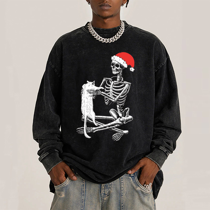 Muchic Christmas Skeleton And Cat Unisex Casual Washed Printed Round Neck Long Sleeve T-shirt