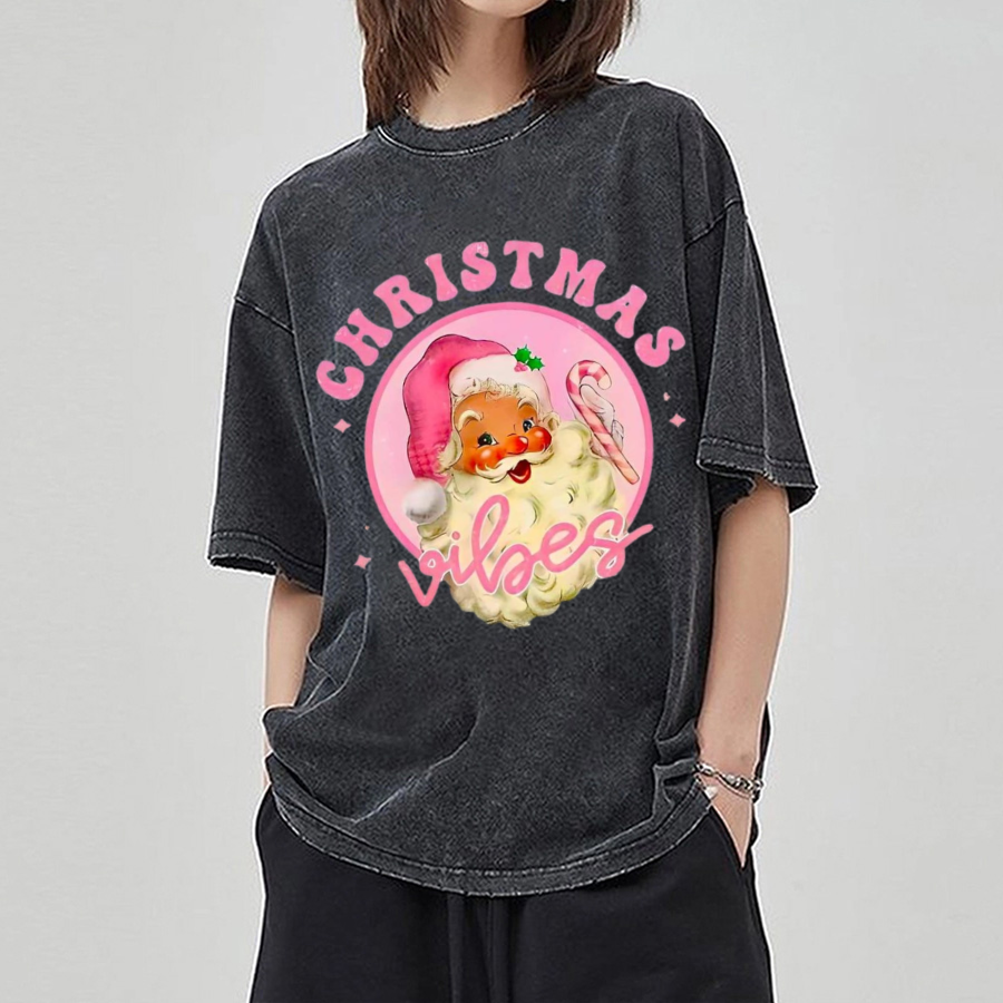 Muchic Christmas Vibes Unisex Printed Retro Washed Short Sleeved T-Shirt