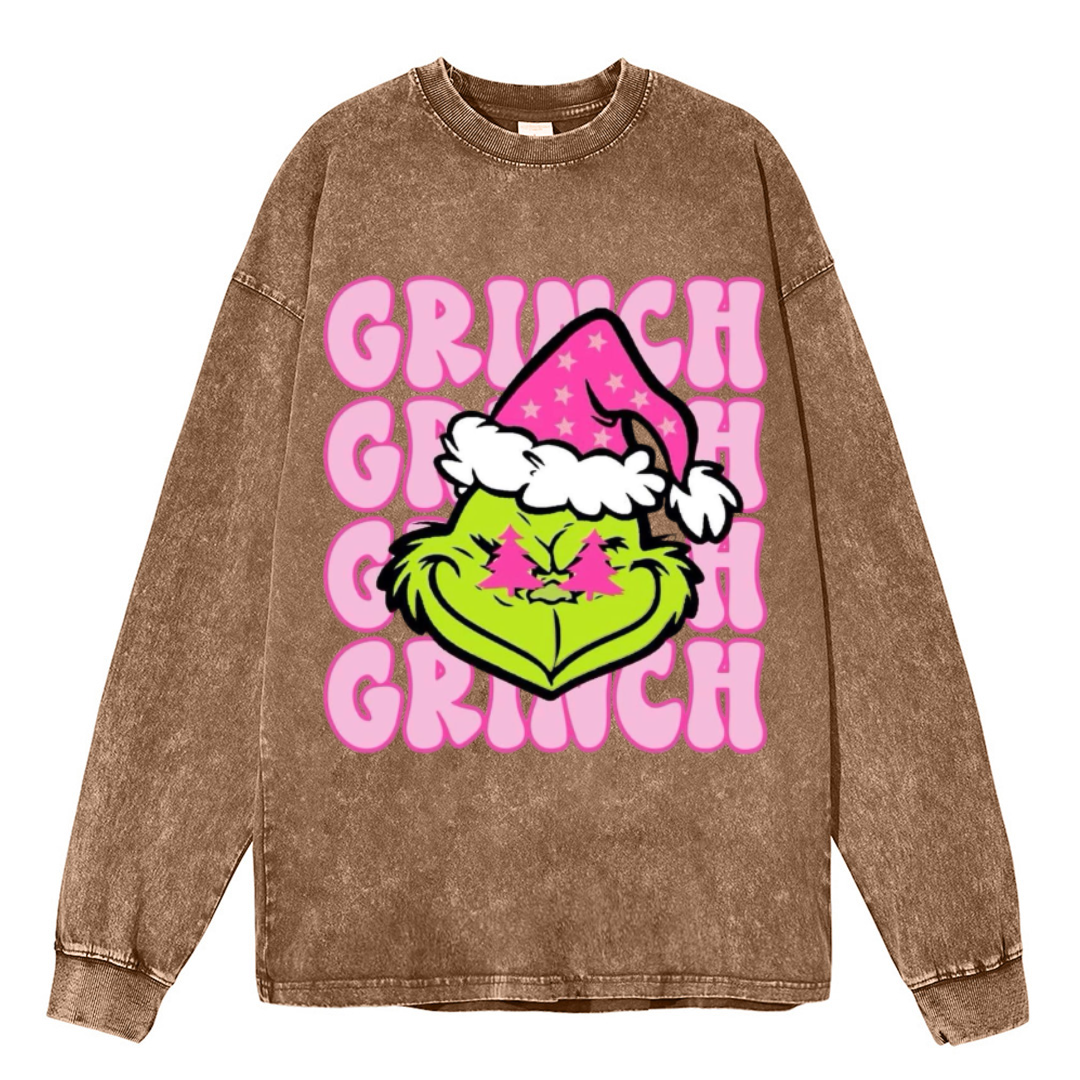 Muchic Grinch Unisex Casual Washed Printed Round Neck Long Sleeve T-shirt