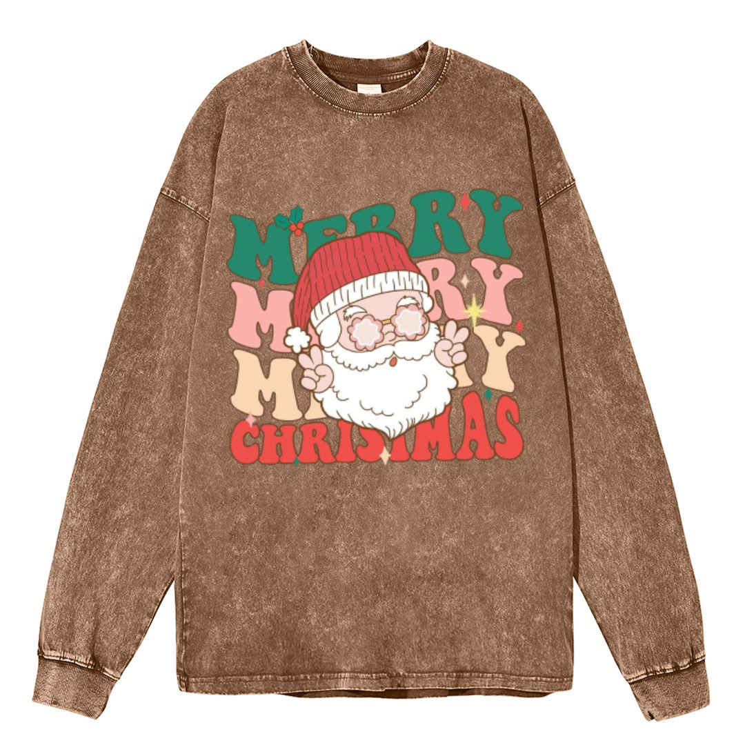 Muchic Merry Christmas Unisex Casual Washed Printed Round Neck Long Sleeve T-shirt