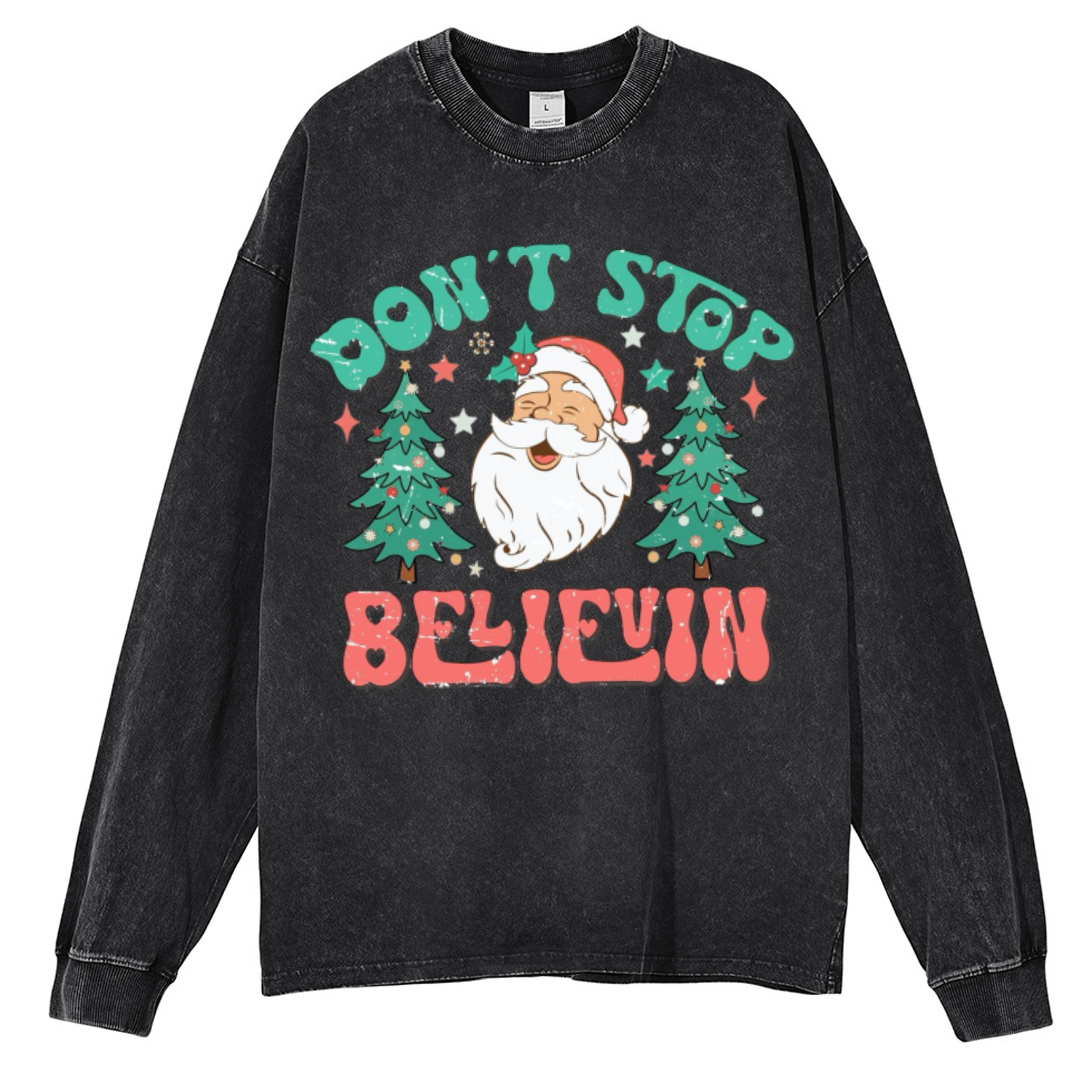 Muchic Dont Stop Believin Unisex Casual Washed Printed Round Neck Long Sleeve T-shirt