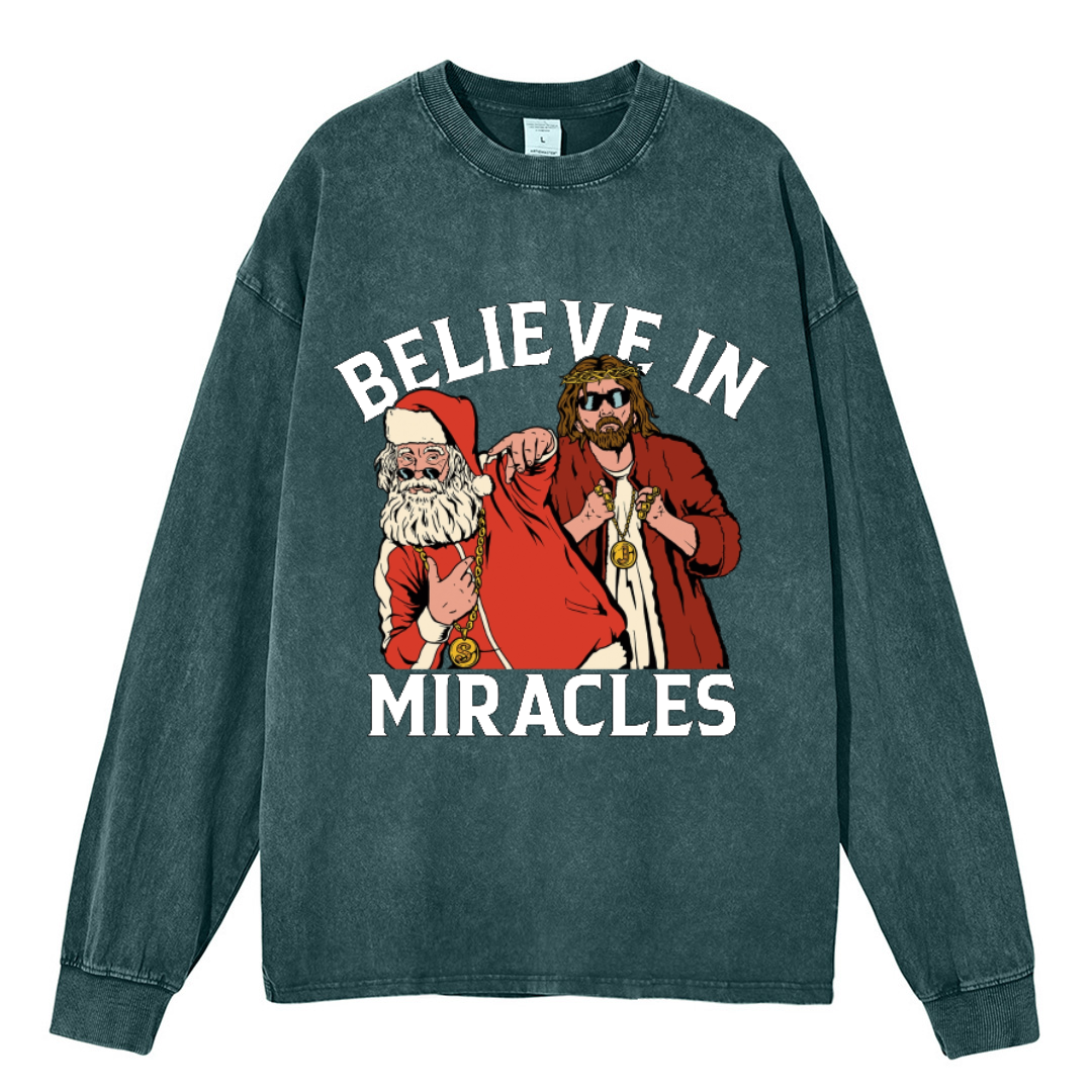 Muchic Believe In Miracles Unisex Casual Washed Printed Round Neck Long Sleeve T-shirt